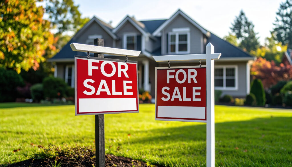 For sale signs in front of suburban house with green lawn and trees, real estate concept with bright daylight and clear sky for home selling opportunity